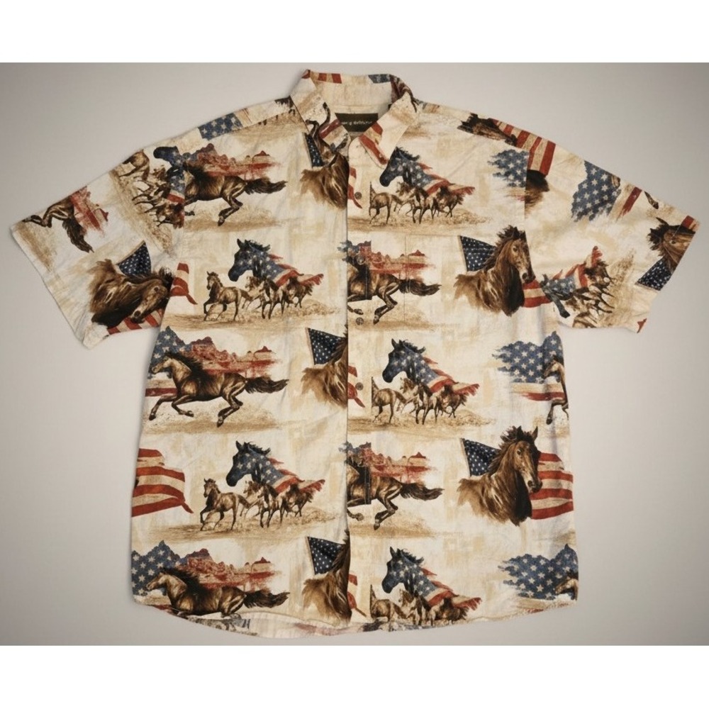 Bit & Bridle Mens XL Cowboy Flag Horse Button Down Shirt Western Patriotic USA